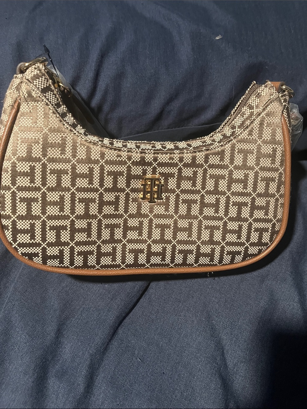 Tommy Hilfiger Beige & Brown Monogram Mini Shoulder Bag